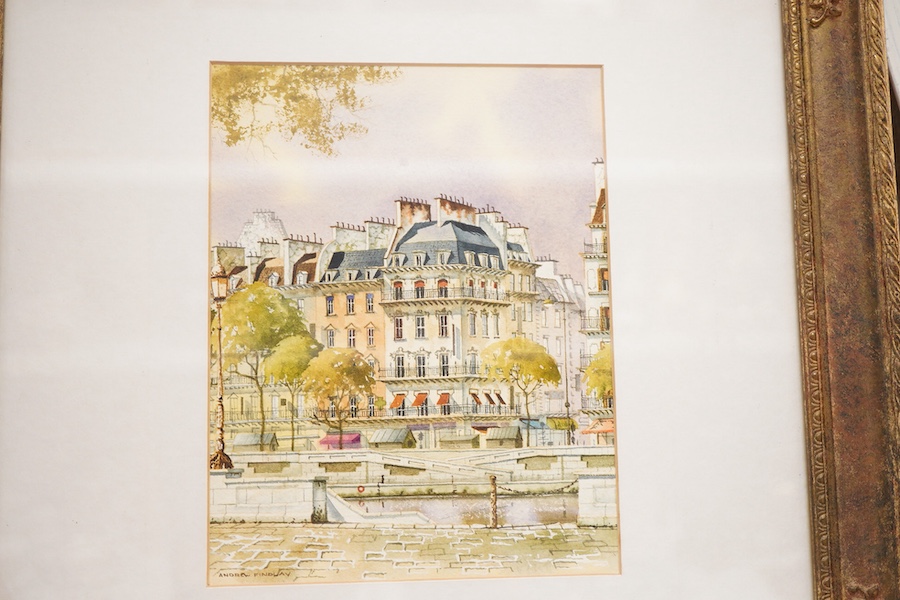 Andrew Findley (contemporary), Street scenes, one signed, each with National Fine Arts labels verso, pair of watercolours, 21 x 17cm